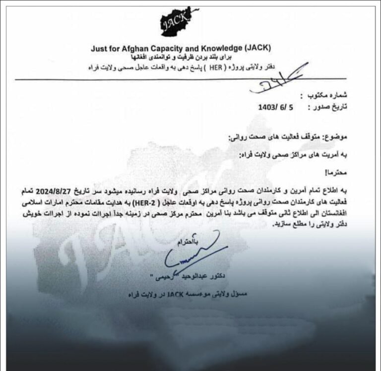 د طالبانو حکومت؛۷ ولایتونو کې د جک موسسې په فعالیتونو بندیز ولګاوه