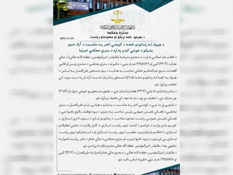 د طالبانو حکومت؛د شیخ هبت‌الله په لارښوونه ۲ زره او ۴۶۳ بندیان له زندانونو ازاد کړي دي