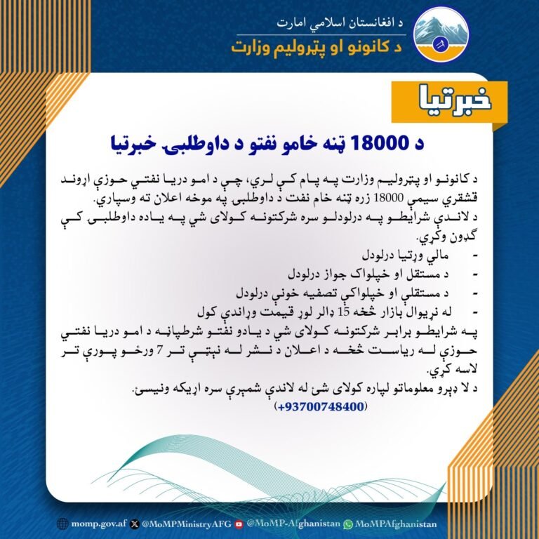 د حماسه میډیا تر راپور وروسته؛نږدې یونیم کال وروسته د طالبانو حکومت د کانونو وزارت خام نفت داوطلبۍ ته وړاندې کړل